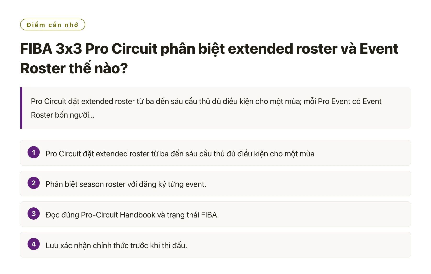FIBA 3x3 Pro Circuit phân biệt extended roster và Event Roster thế nào?——全文要点速览