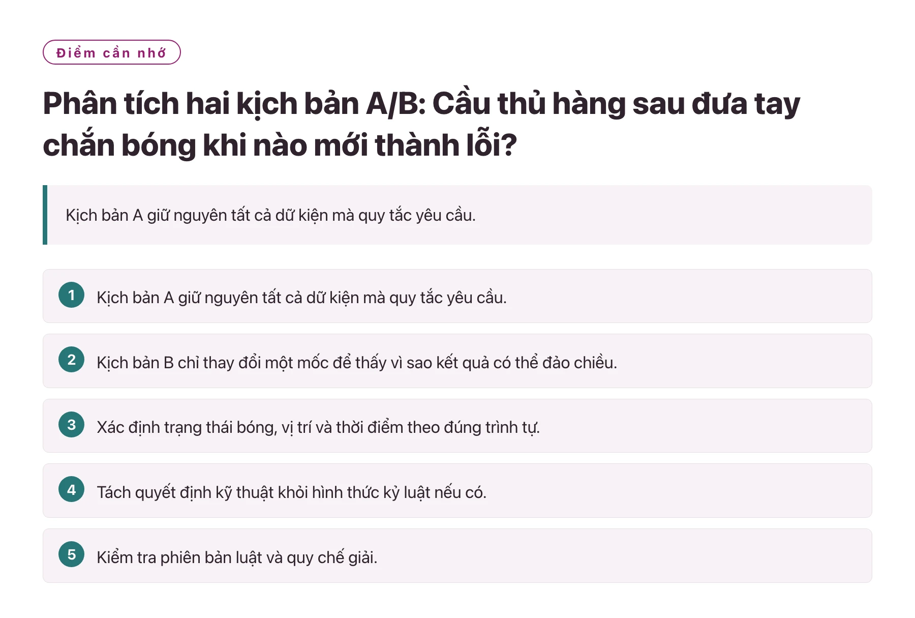 Phân tích hai kịch bản A/B: Cầu thủ hàng sau đưa tay chắn bóng khi nào mới thành lỗi?——全文要点速览
